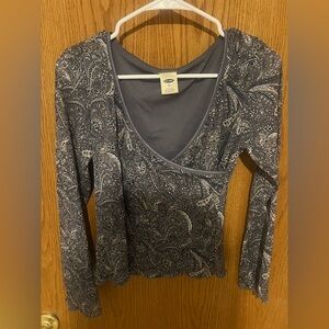 Vintage Old Navy Gray Blue Paisley Faux Wrap Blouse Sz Medium